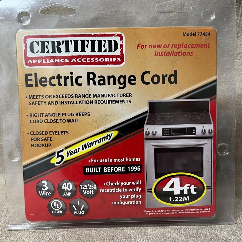 Certified Appliance Accessories 4 Ft 3 Wire 40 Amp Electric Range Cord
